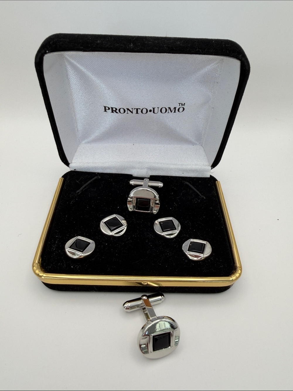 Pronto Uomo Silver and Black Square Inlay Cufflink Set